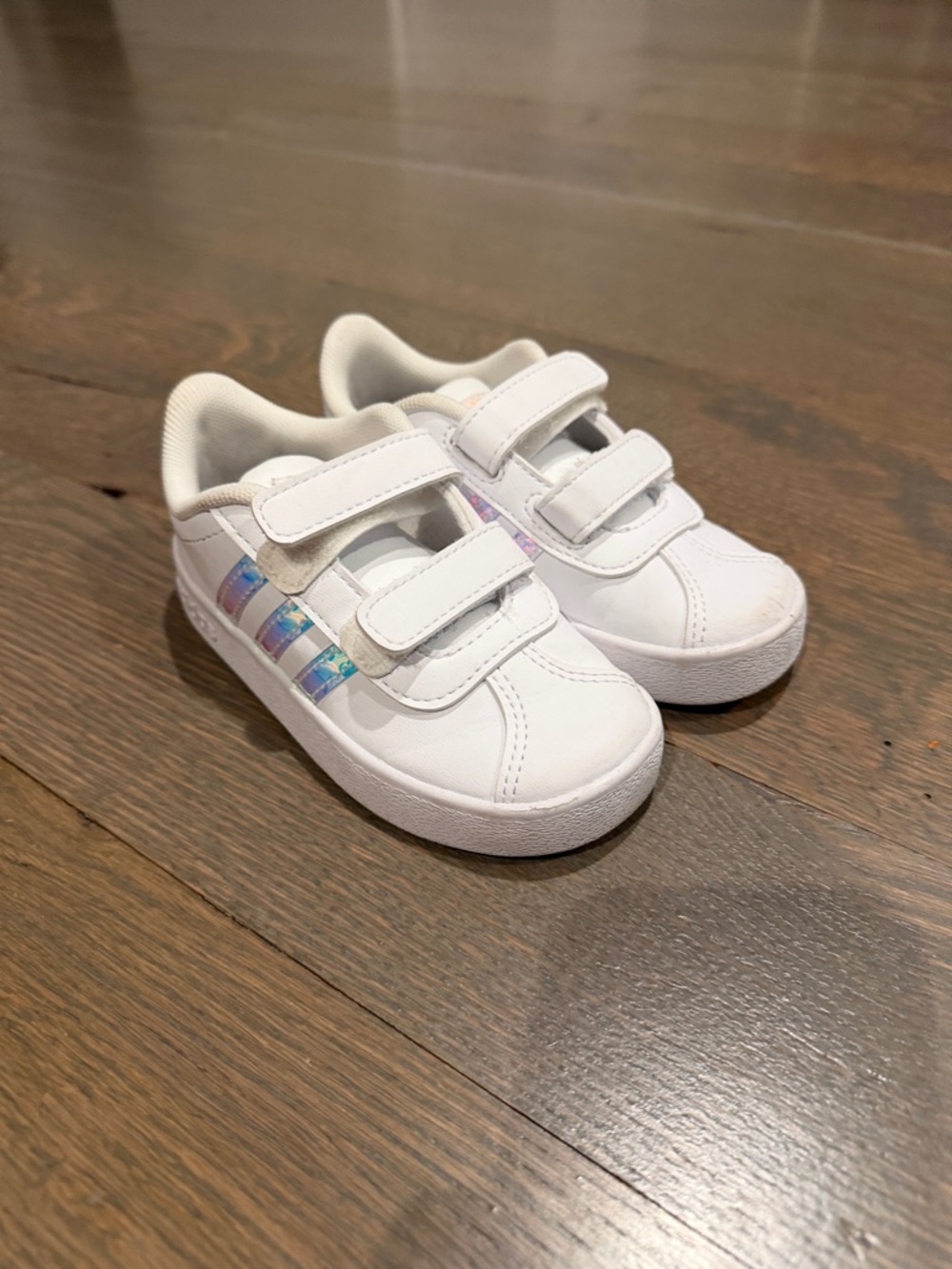 adidas White Kids Velcro Sneakers with Iridescent Stripes